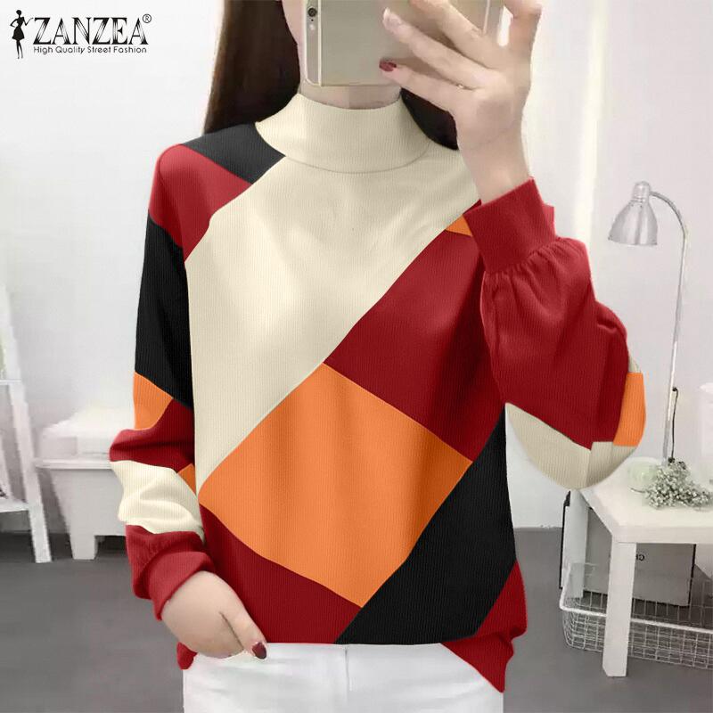 ZANZEA Women Autumn Turtleneck Long Sleeve Contrast Color Knitted Sweaters