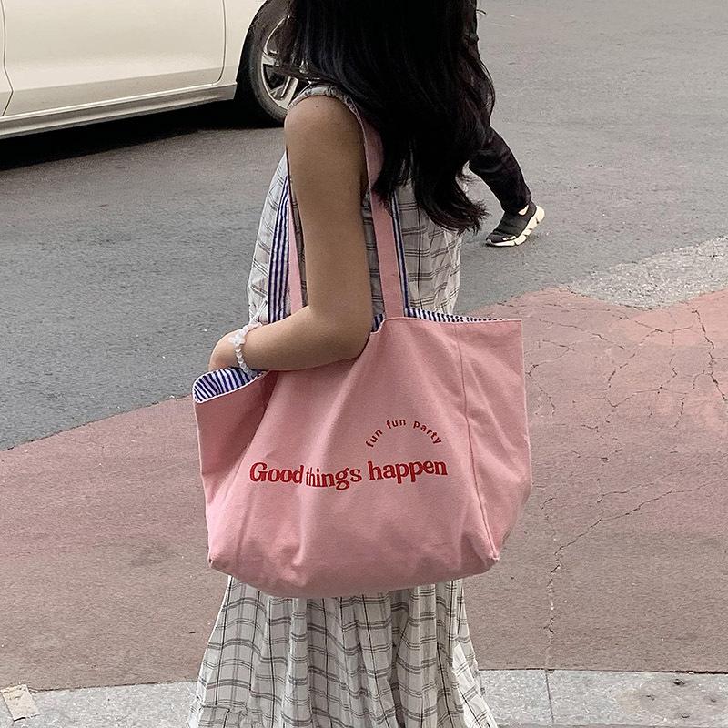 Large-capacity Tote Bag Striped Single-shoulder Bag Lettered College Student Canvas Bag Women's Commuting Bag