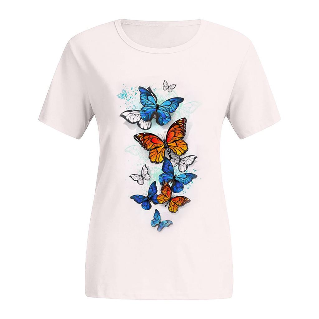 Fashion Women's Casual Loose  T-shirt Butterfly Print Short Sleeve Top