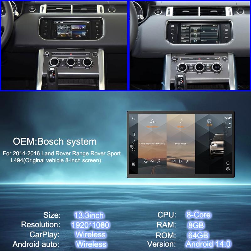 

13.3 Inch For Range Rover Sport 2014-2017 L494 Android 14 CarPlay GPS Multimedia Player Full Touch Retain The OEM Menu Eight Core&None