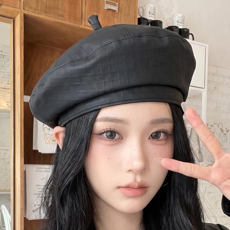 Beret PU Leather British Retro Style, Autumn And Winter New Women'S Black Berets Hat Painter Cap Female
