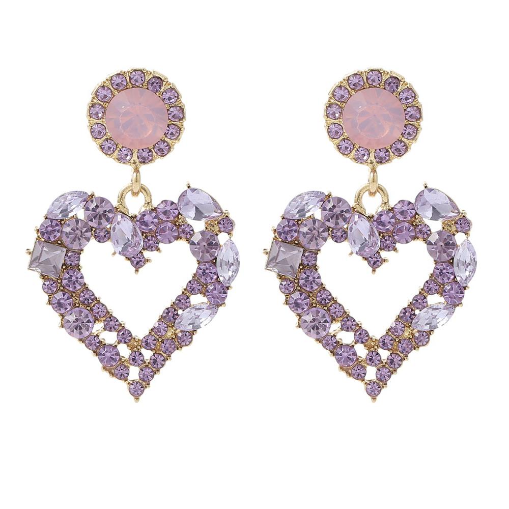 2022 Korean Fashion 18k Gold Plated Rhinestone Heart Shape Earrings Purple Crystal Heart Drop Earrings for Women