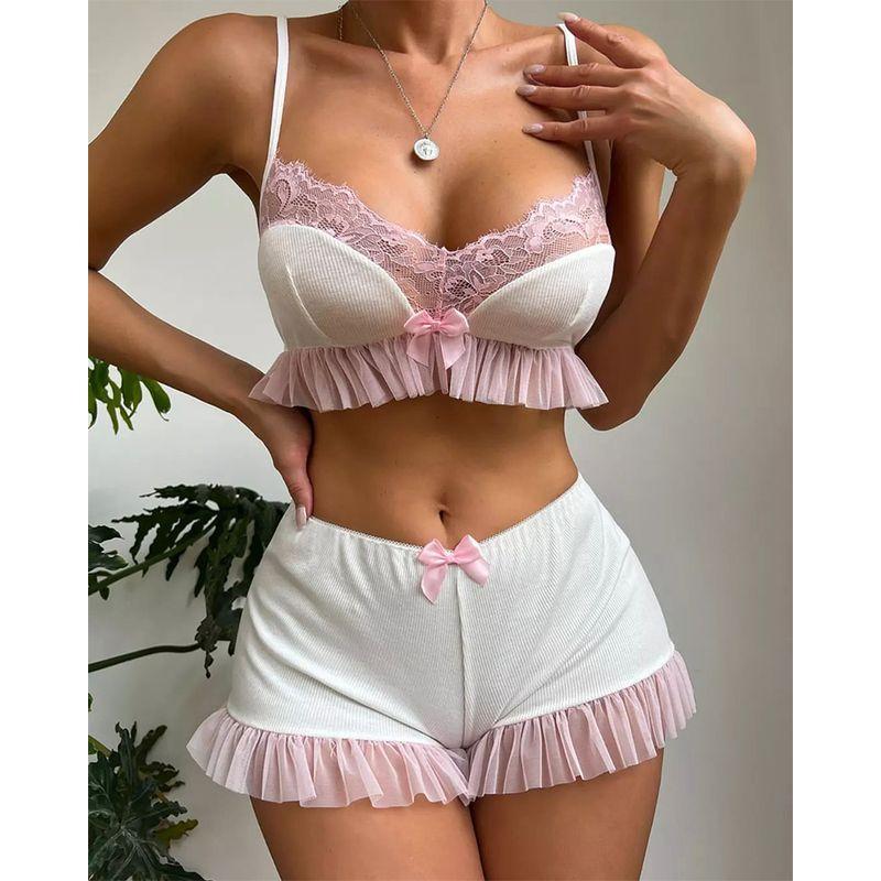 

Women Lace Two-Piece Set European and American Fashion Women Lace Stitching Vest Short Pants Two-piece Set White XL