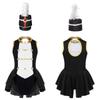 Girls Flag Raiser Performance Costume: Round Neck Cutout Back Sleeveless Leotard & Matching Feather Hat for Cosplay Dress Up