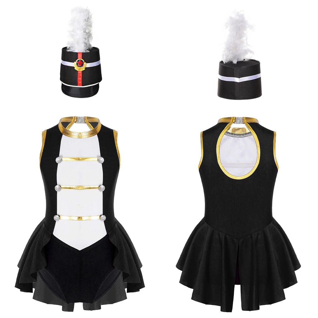 Girls Flag Raiser Performance Costume: Round Neck Cutout Back Sleeveless Leotard & Matching Feather Hat for Cosplay Dress Up