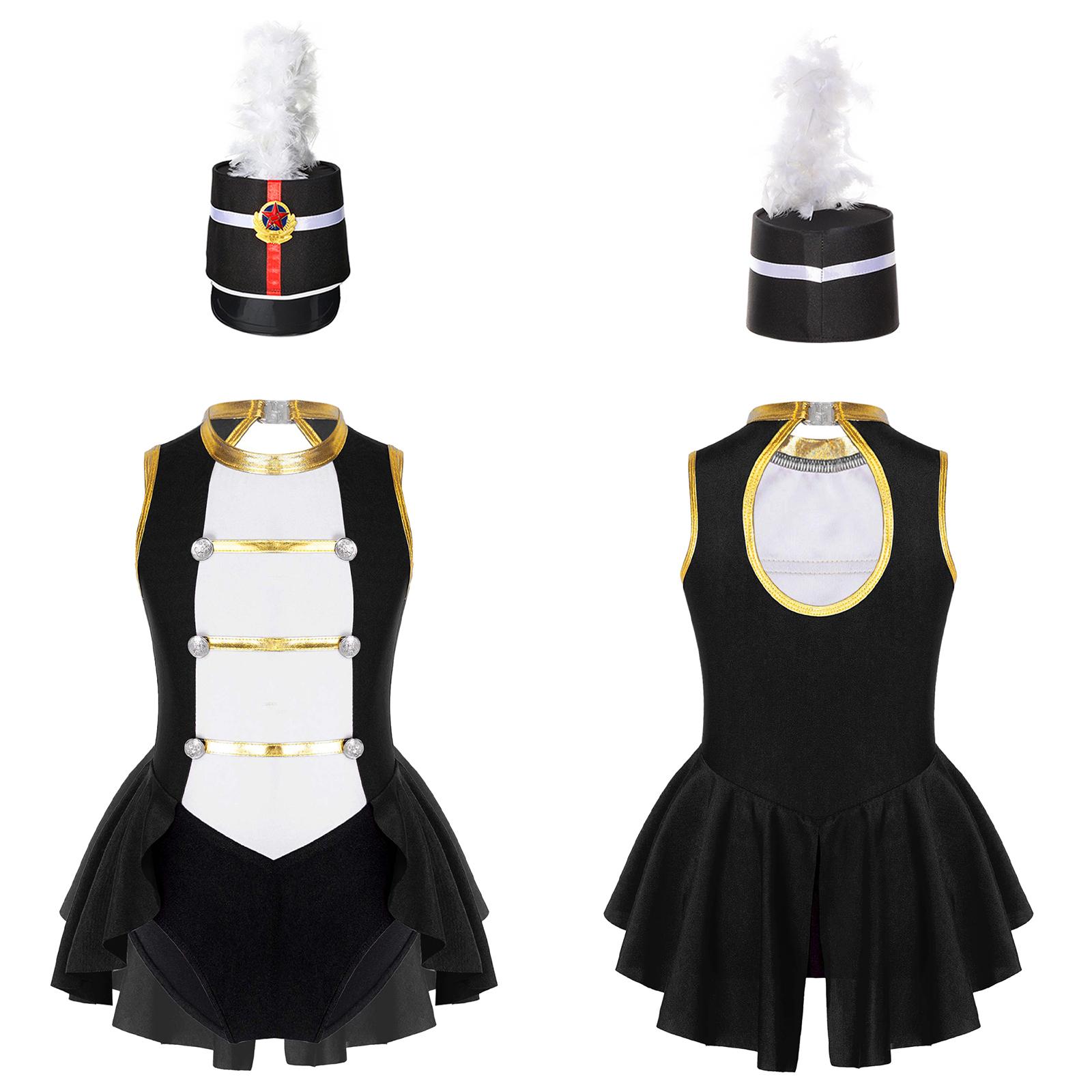 

Girls Flag Raiser Costume Set: Sleeveless Round Neck Cutout Back Leotard with Feather Hat for Halloween Cosplay Performance 5-6 Years чёрный