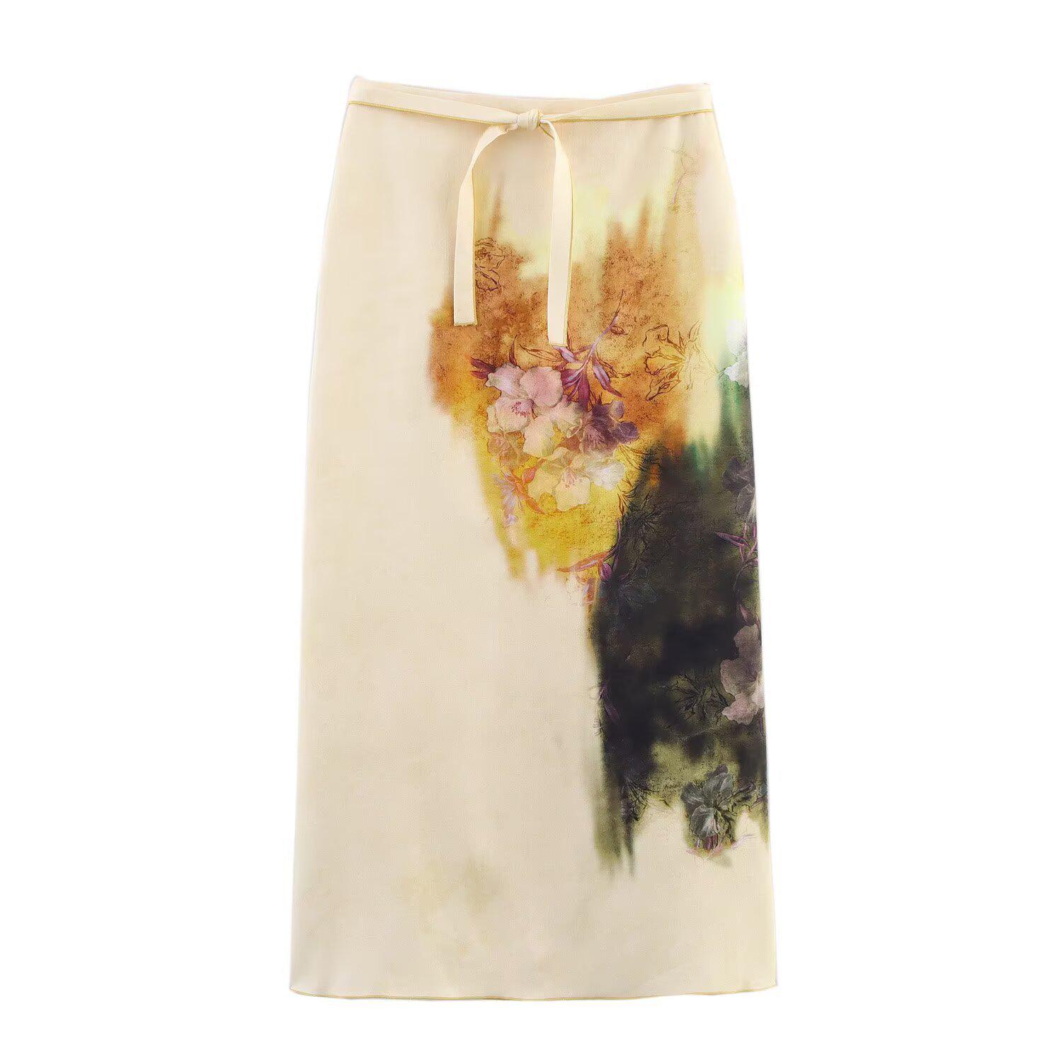 

2025 Spring/Summer Women s Slim Fit Printed Tie Half Skirt with Slit Design Medium белый/кремовый