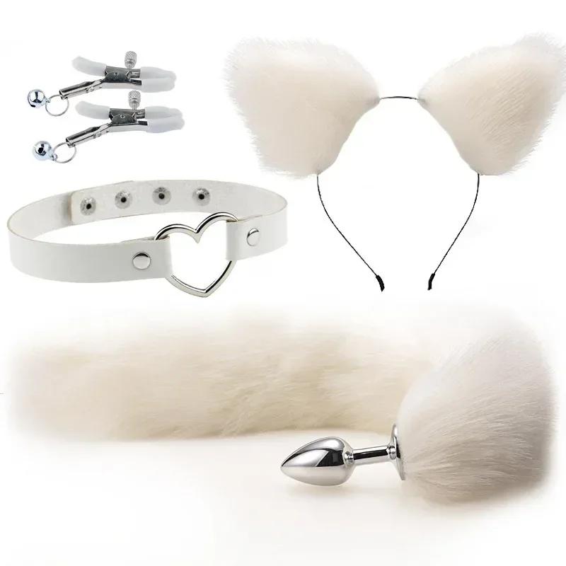 Cute Fox Tail Anal Plug Cat Ears Headbands Set Nipple Clip Neck Collar Erotic Cosplay Sex Toys For Women