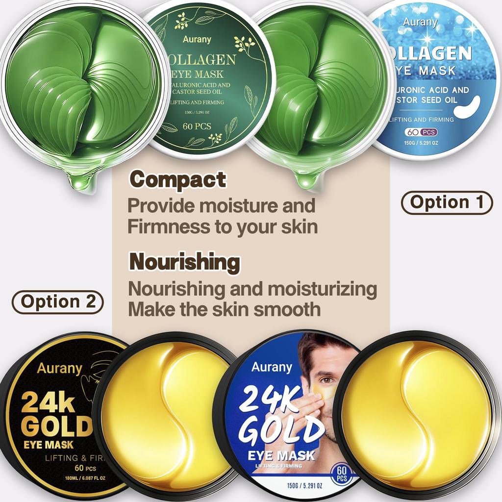 24K Gold Eye Mask & Green Collagen Gel Under Eye Mask, Hyaluronic Acid Eye Patches For Dark Circles, Fine Lines, Puffiness, Lift and Firm-60 Pcs