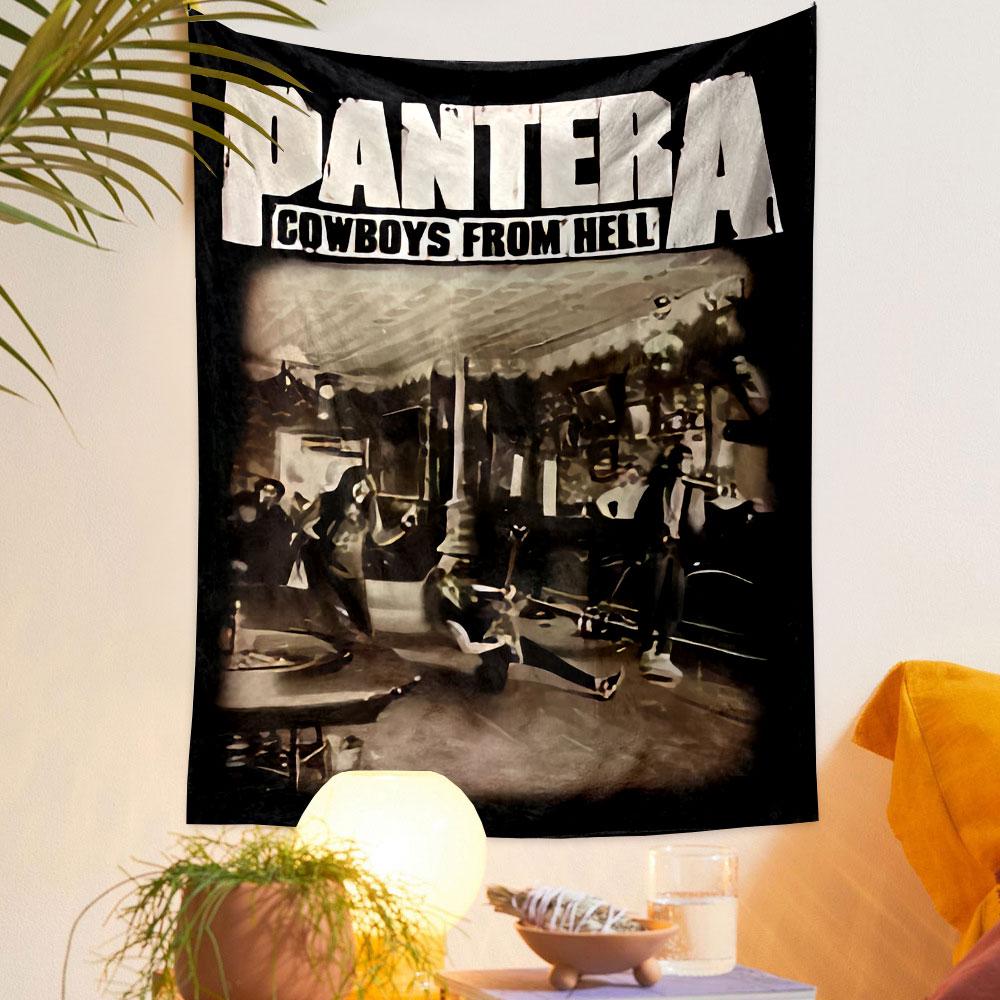 Band members performing energetically in a rustic indoor setting. Patterned tapestry for bedroom and living room home decor