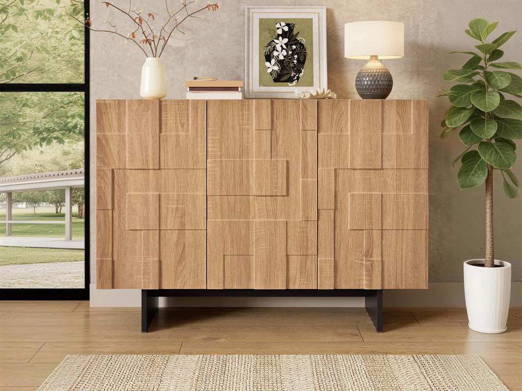 Credenza Moderna Francese con Frontale Strutturato Geometrico, 3 Ante e Ripiani Regolabili, Aspetto Legno Naturale + Nero, 105 × 33.5 × 76 cm.