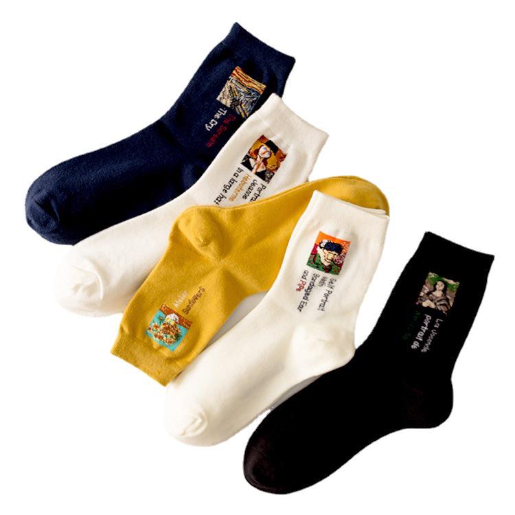 Women's Mid-Calf Cotton Socks: European & American Famous Painting Cartoon Design - Perfect for Autumn/Winter Casual or Sports Wear.