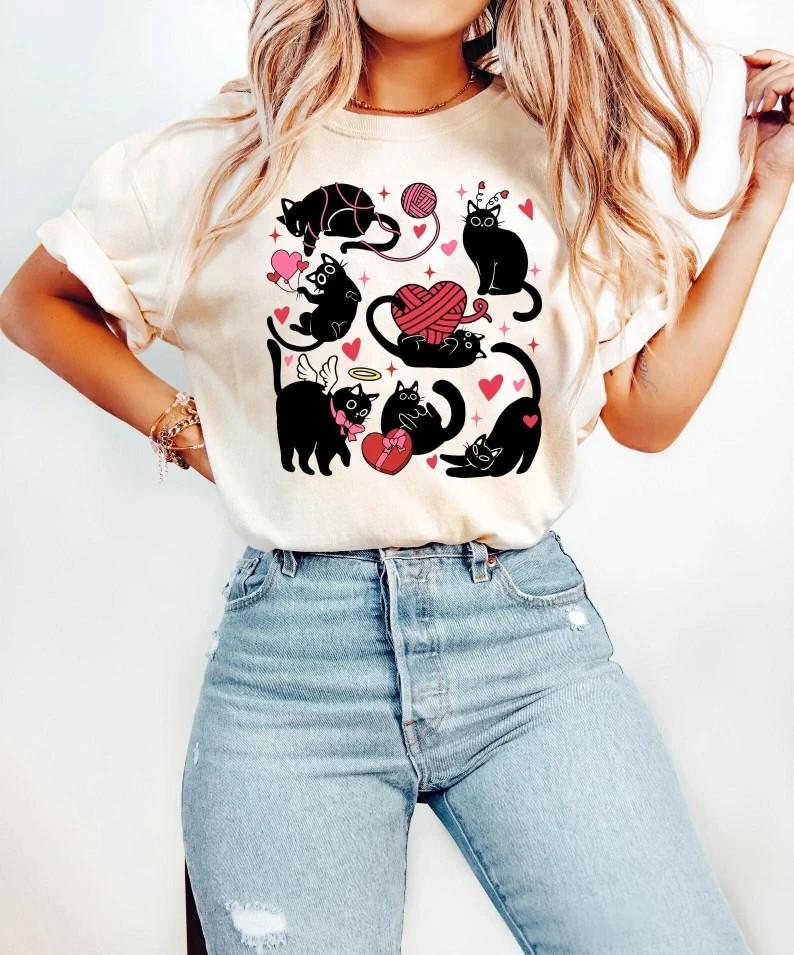 Valentine Cute Cats Shirt Meowy Valentines Cat Lover Tee Funny Black Cat Shirt XXXXL