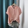 Koreanische Version des doppellagigen Baumwollgarn-bedruckten halb geöffneten V-Ausschnitt-Kurzarmshirts Damen Freizeit Locker Oberteil