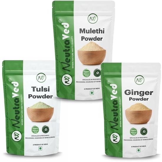 NeutraVed Tulsi Powder, Ginger Powder, Licorice (Mulethi) Powder Herbal Tea Pack 300g