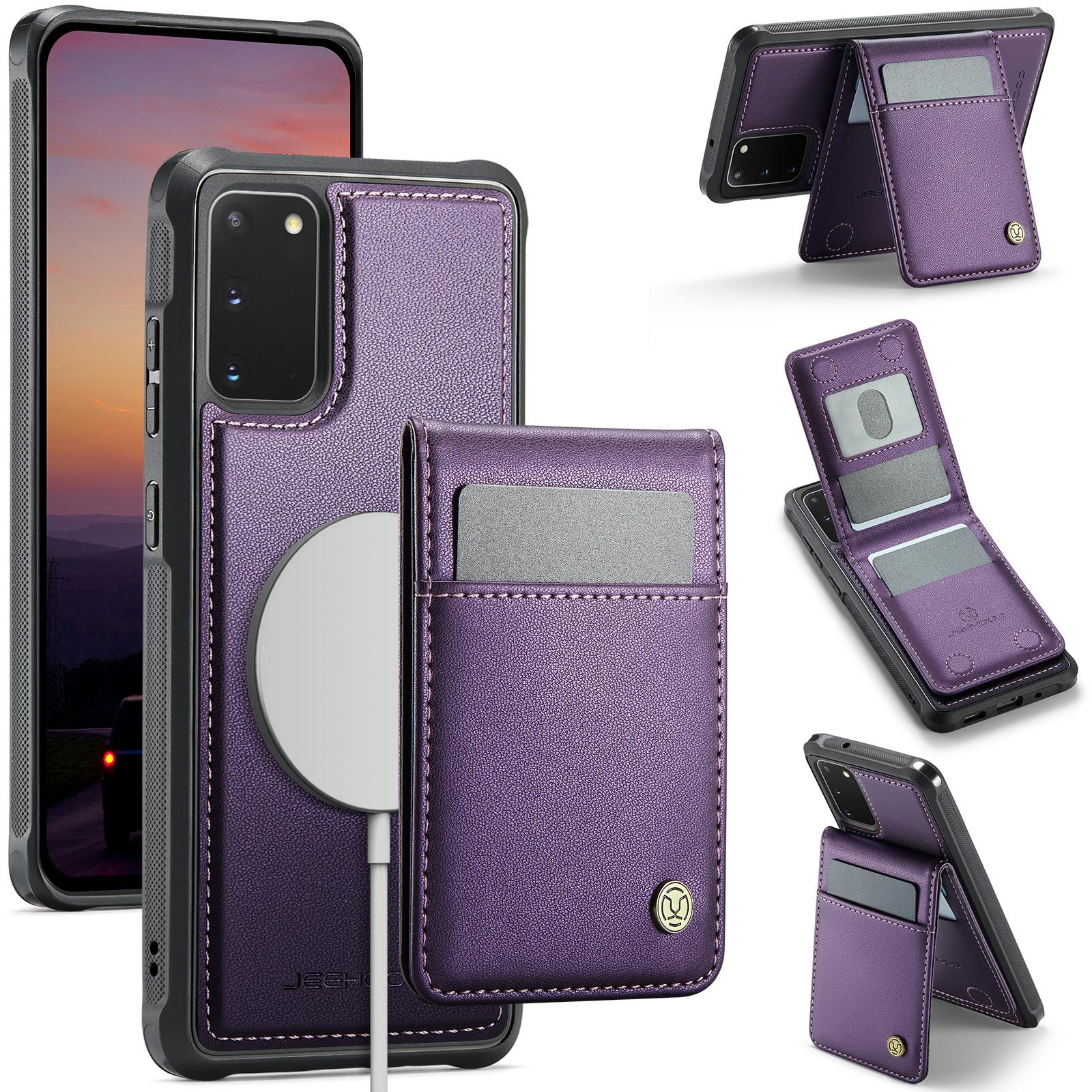 

For Samsung Galaxy S20 5G Leather Back Cover Compatible with MagSafe JEEHOOD J06 Phone Case with Card Bag RFID Blocking Purple