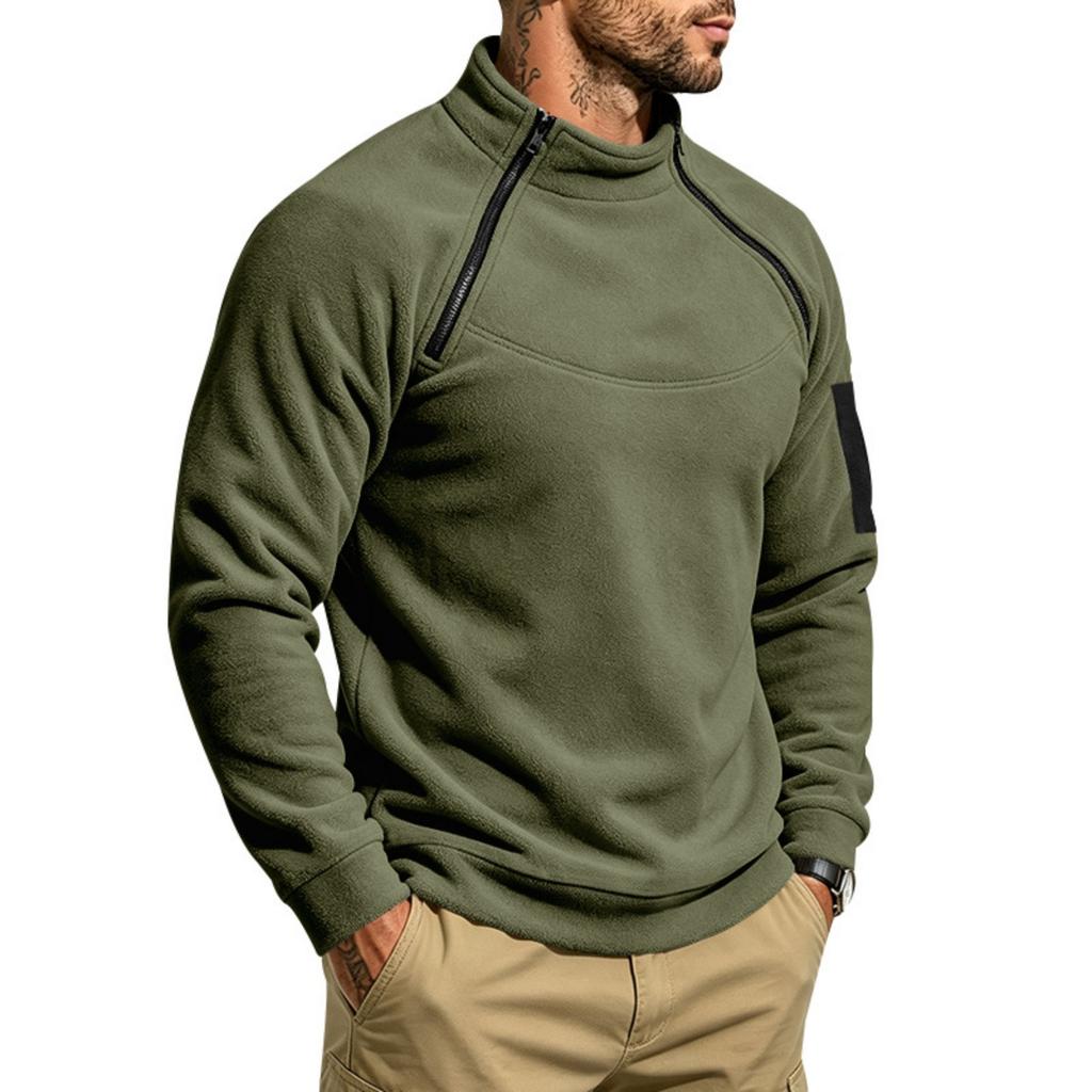 Men's Casual Loose Fit Warm Full-Zip Sweatshirt with Stand Collar and Two-Way Zipper for Hiking and Outdoor Activities