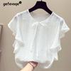 Damen Koreanische Rüschen Schnürung Chic Süße Bluse Sommer Trendiges Rundhals Kurzarmshirt Einfarbig Lässige Oberteile Blusas Mujer