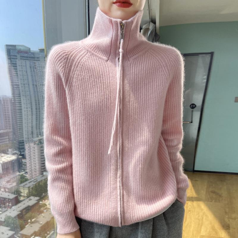 24 autumn and winter lazy wind turtleneck women's knitted cardigan women's zipper design sense niche lapel sweater jacket