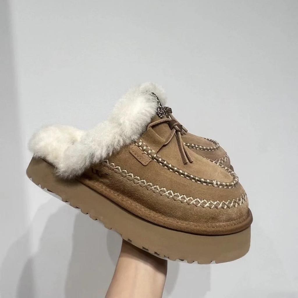 Europäische Station Schaffell integrierte Schneestiefel 2025 Winter neue Tasche Kopf Halbpantoffeln Alpine thermische Baumwollschuhe Damen