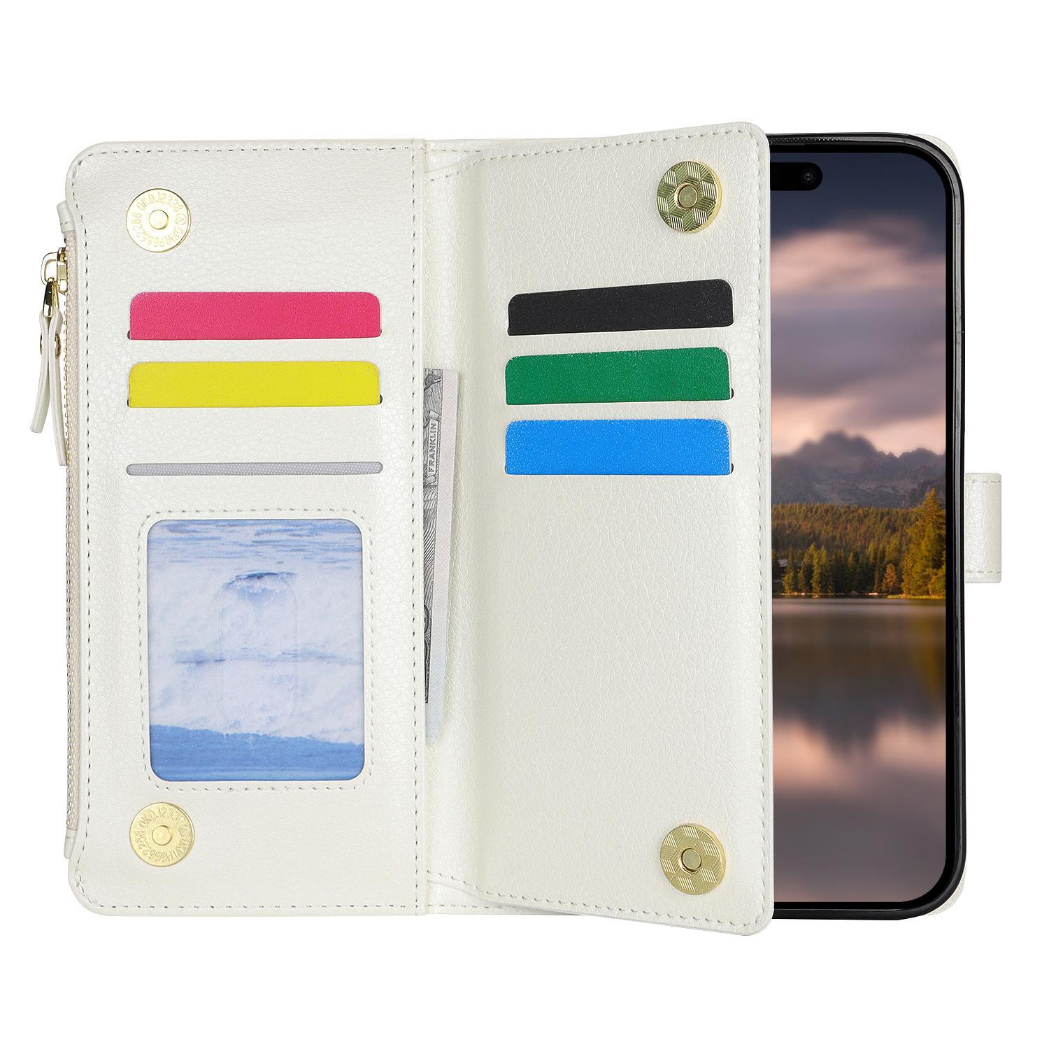 

XL-001 For iPhone 16 Case Zipper Pocket Wristband Stand Leather Phone Cover