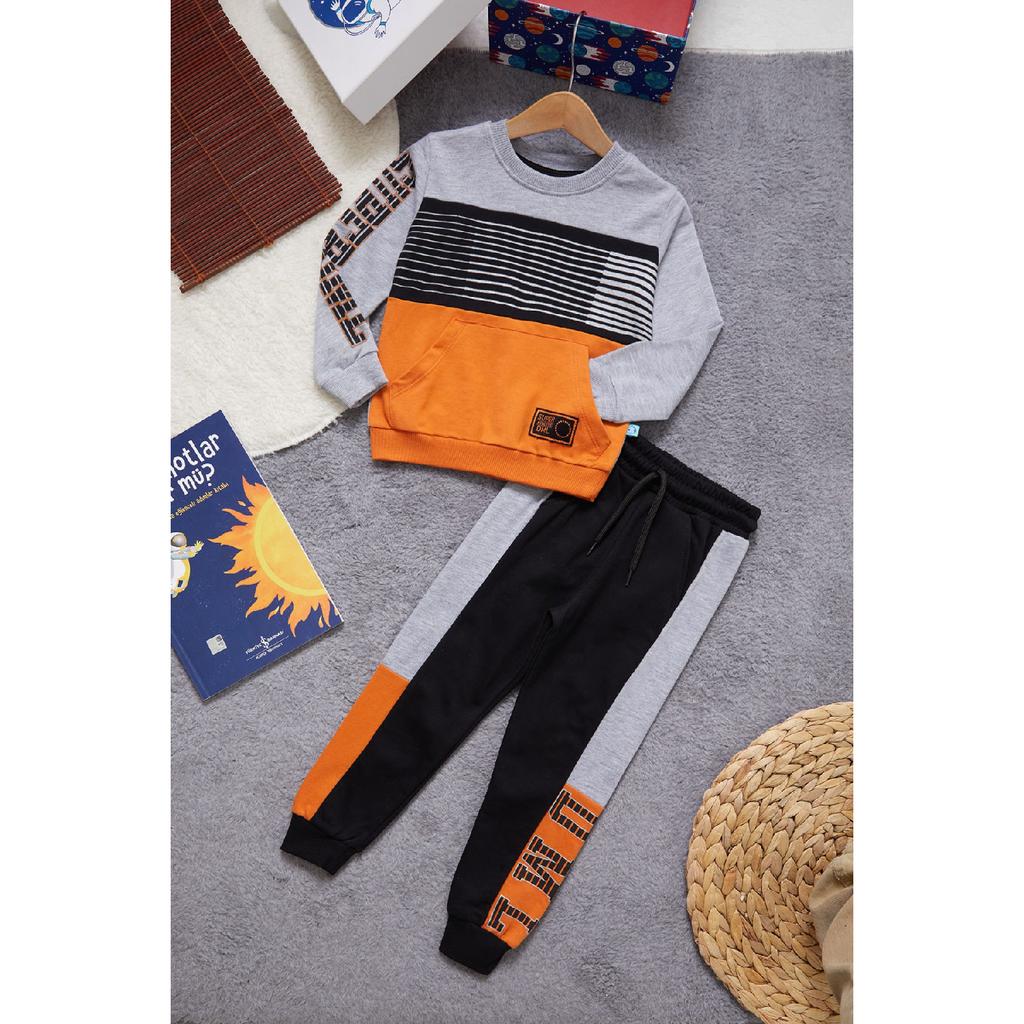 Jungen-Trainingsanzug mit Textdruck, Kängurutasche, Orange, Team 14987-1