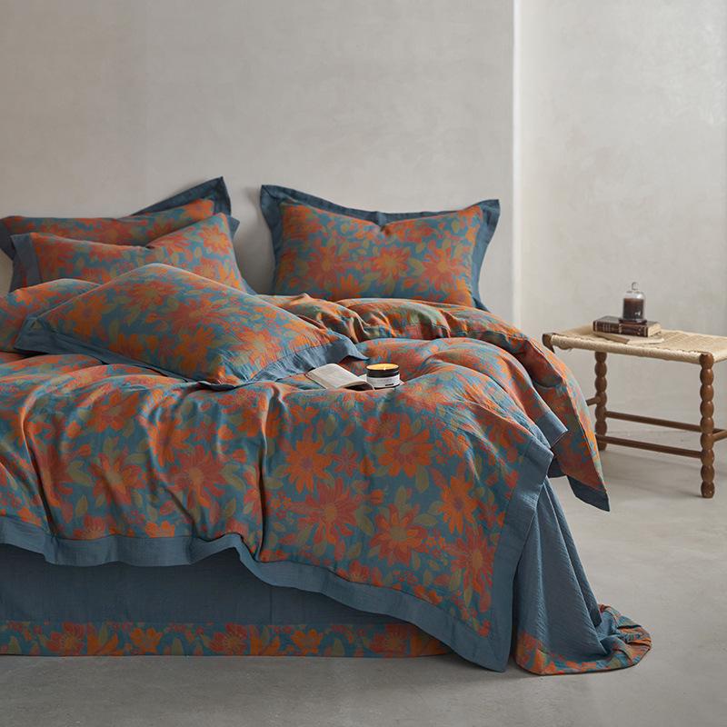 Retro Cotton Four-Piece Set: Yarn-Dyed Jacquard Bed Sheet & Duvet Cover for All Seasons