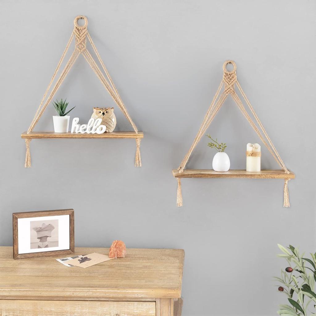 Hanging Shelves Boho Wall Decor 2 pcs Rustic Wood Storage Shelf for Living Room, Display Shelving for Hanging Plants Photos
