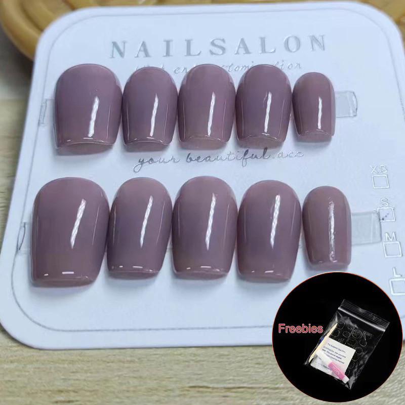 

100% ручная работа Миндаль Фиолетовый Серый Кофейный Искусственный дизайн ногтей телесного цвета Простые короткие трапециевидные ногти Фототерапия Накладные ногти Многоразовые и съемные ногти Short Erapezoid-L