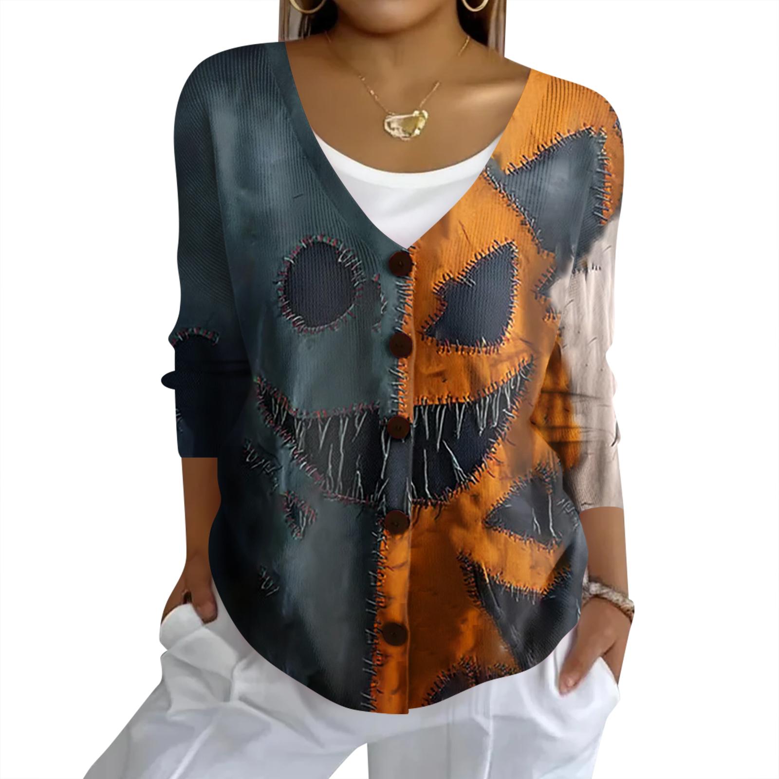 

Женский модный повседневный вязаный свитер на пуговицах, кардиган-жакет с принтом на Хэллоуин XL