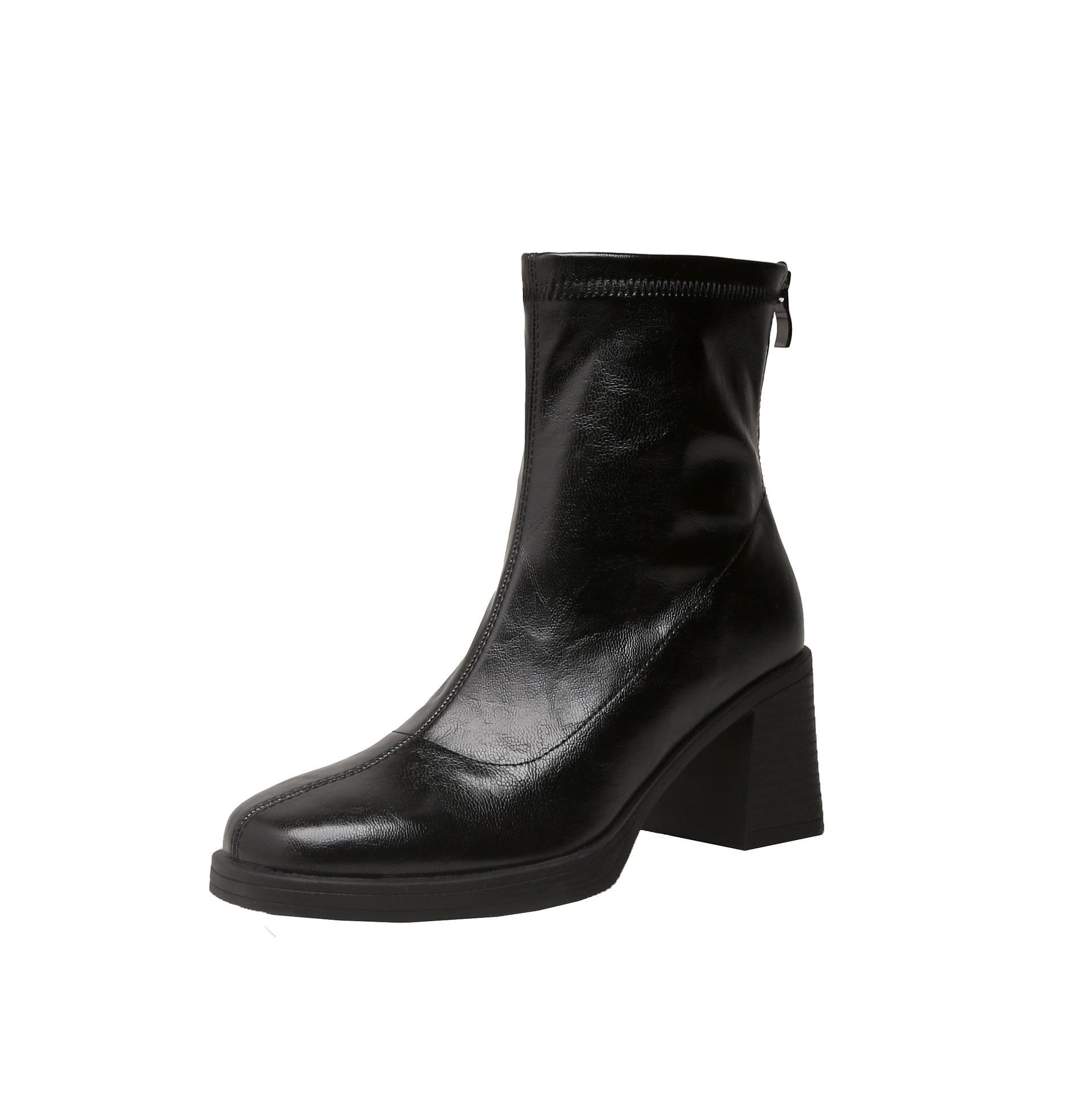 

Korean version thick heel thin boots leg fine debut~ 7cm/round head rear zipper elastic thin boots thick high heel 35