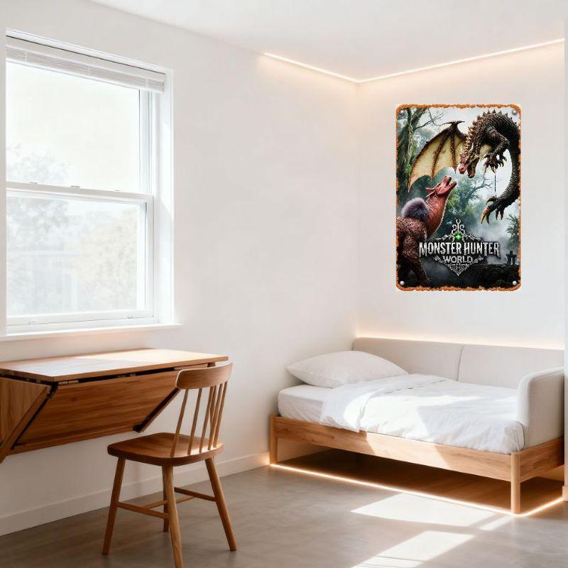 Monster Hunter World Blechschild Vintage Monsterkampf-Szene Gerahmtes Poster für Heimwanddekor Bar Man Cave Club Restaurant