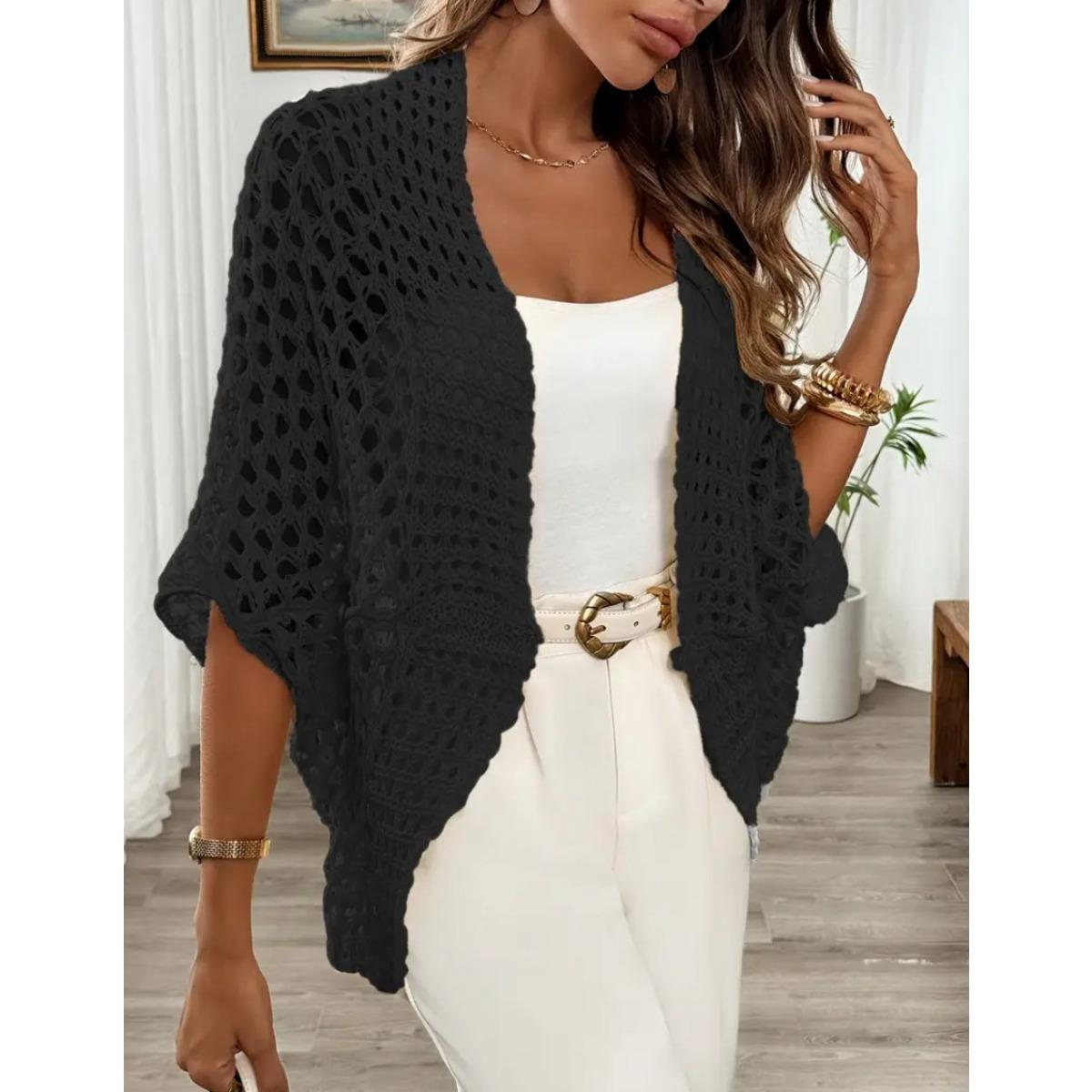Women s Open Front Three Quarter Sleeve Cropped Cardigan Loose Fit Elegant Hollow Out Knit Shrug S чёрный