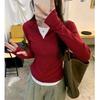 Spring Burgundy Slim-fitting and Thin Top Women's Fake Two-piece Zipper Long-sleeved T-shirt Retro Versatile Bottoming Shirt
