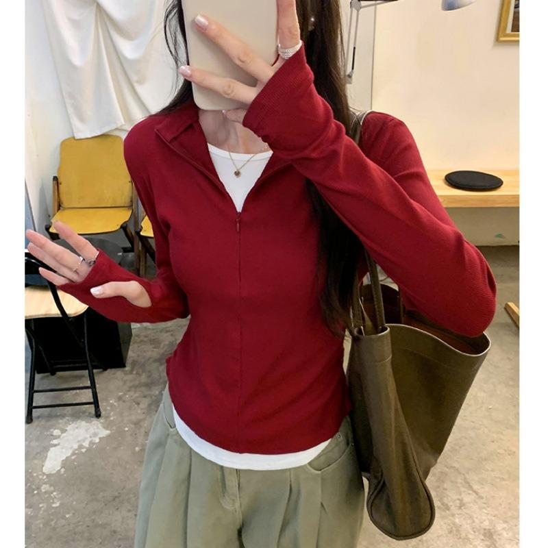 Spring Burgundy Slim-fitting and Thin Top Women's Fake Two-piece Zipper Long-sleeved T-shirt Retro Versatile Bottoming Shirt