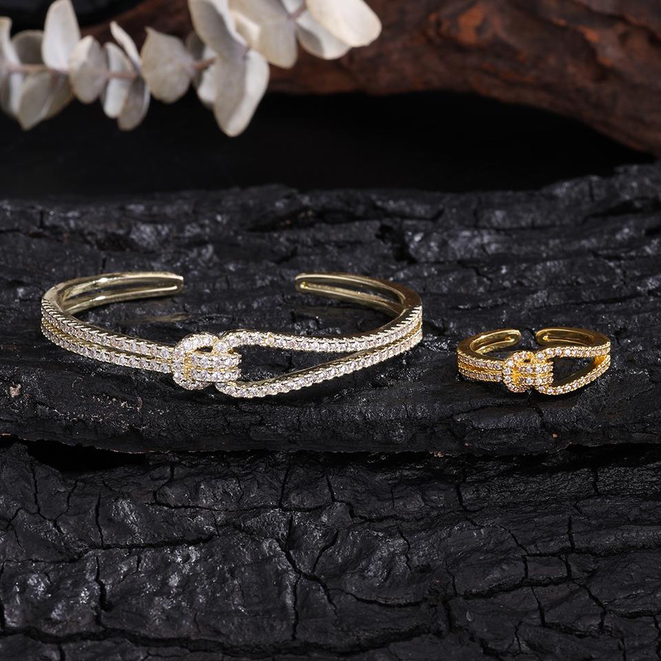 ZAKOL Classic Knotted Niche Design Micro-Inlaid Zircon Open Bracelet Ring for Women Exquisite Wedding Party Zircon