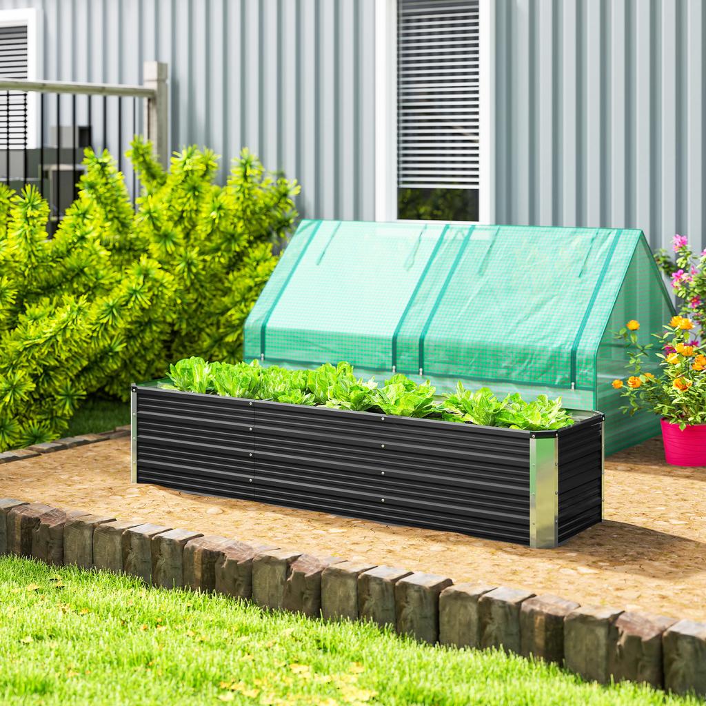 Raised Steel Garden Bed, Planter, Flower Box, Flower Pot with Gloves, Gray, 183 x 47 x 40 cm