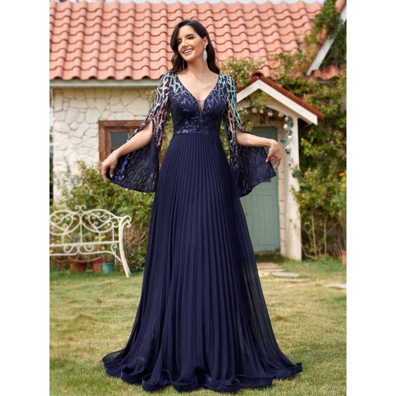 Elegant Sequin Panel Evening Gown Long Sleeve Split Formal Dress Bridesmaid Party