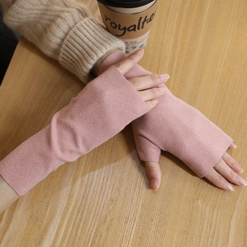 Women'S Hip-Hop Solid Soft Work Driving Gloves Autumn Winter Warm Half-Finger Gloves Sports Cycling Mittens