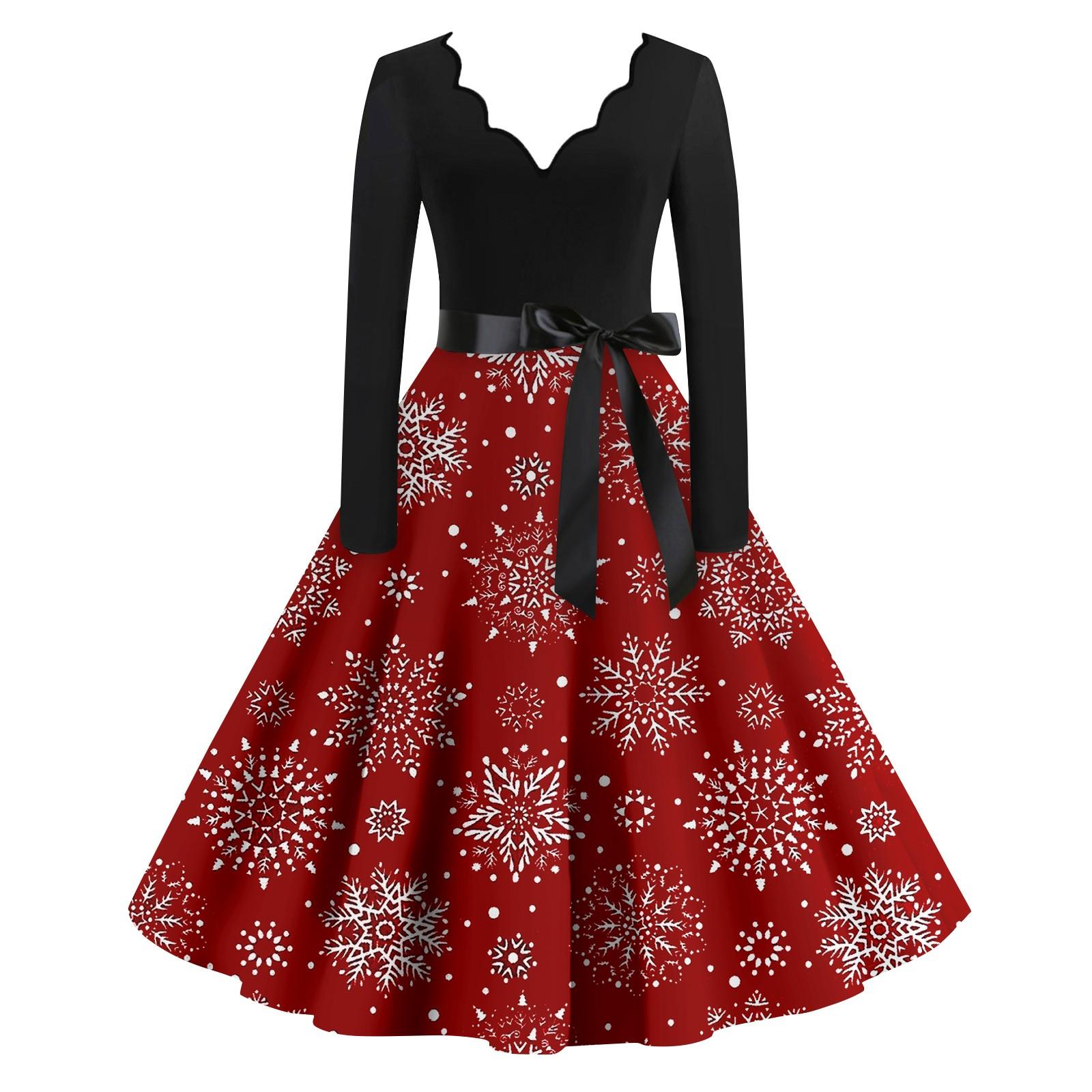 

Жіночі повсякденні модні вінтажні довгі сукні з різдвяними графічними принтами з довгими рукавами XXL рожевий