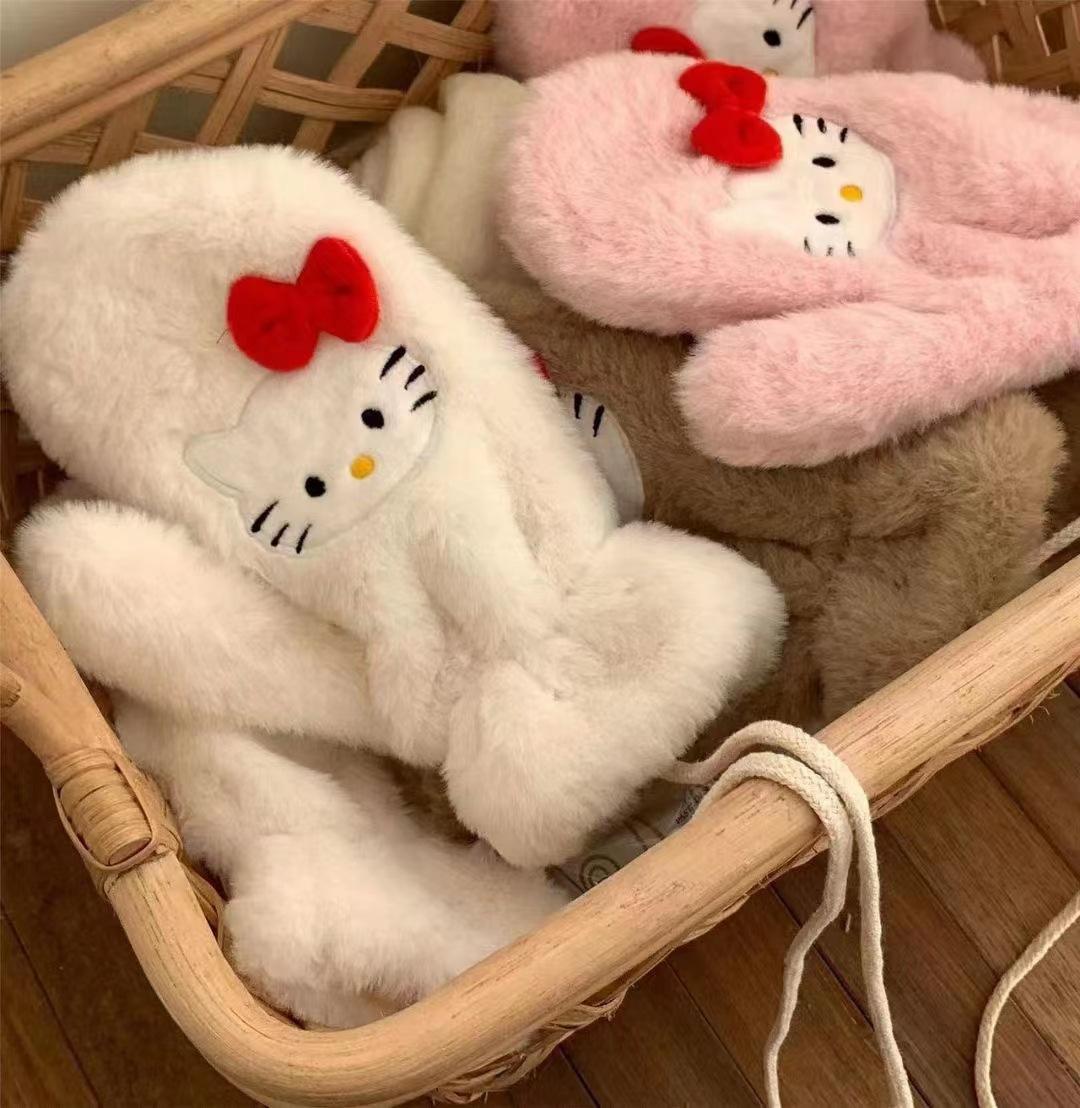 Winter warm gloves cute kitten cartoon scarf set velvet thickened cold-proof student cycling neck gloves one size fits all