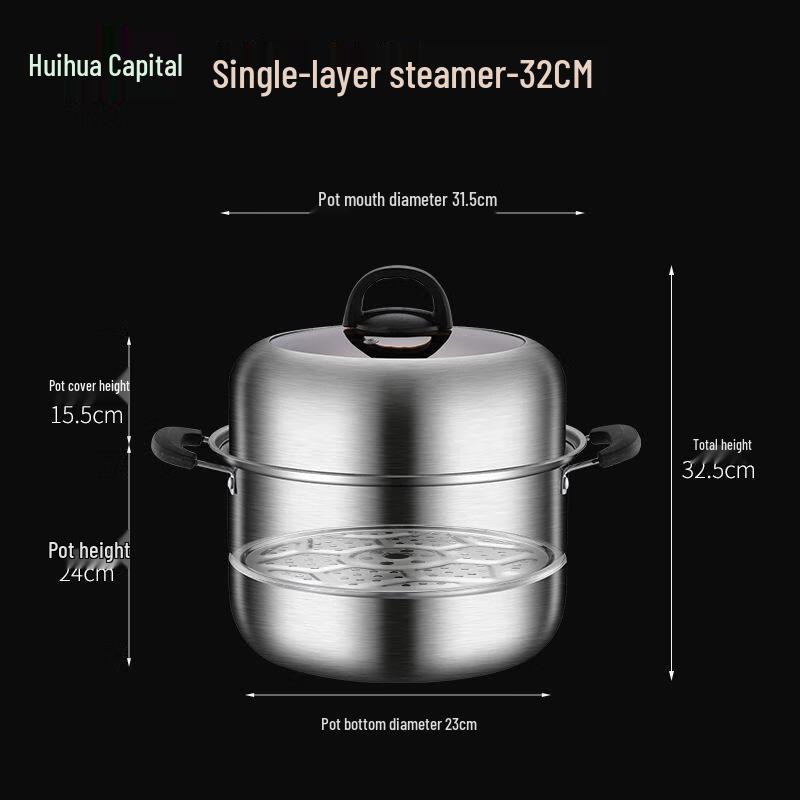 HUIHUADU 32cm Stainless Steel Steamer Pot with Visible Lid
