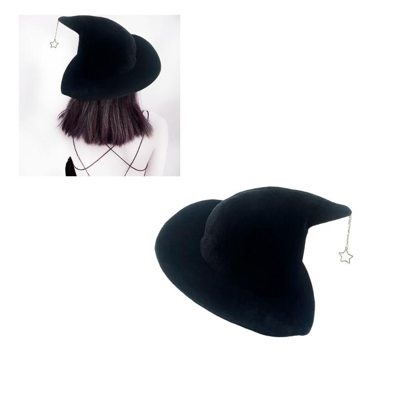Halloween Party Velvet Witch Hats Party Wide Brim Pointed Hat Accessory Tulle Witch Hat with Star Pendant