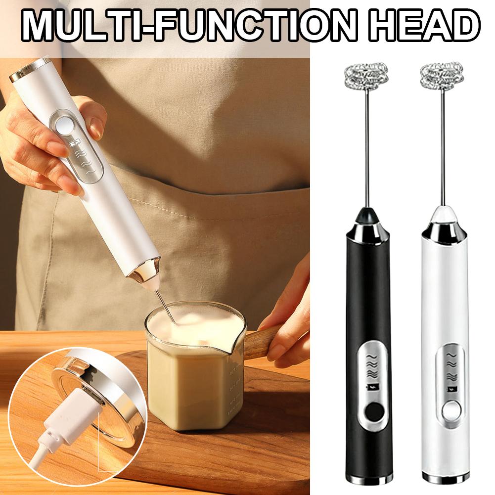 Black Handheld Milk Frother USB Rechargeable Electric Whisk With 3 Heads 3 Speeds Coffee Frother For Latte Cappuccino Egg Beater