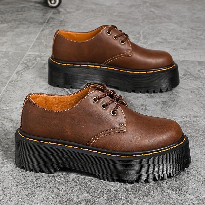 Thick-soled holes Small leather shoes Women's low-top, brown British round head Casual student muffin bottom Short boots
