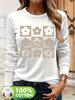 Spring and Autumn Women's 100% Cotton Fashion Casual Loose Butterfly Pattern Print Round Neck Long Sleeve T-shirt Base Shirt