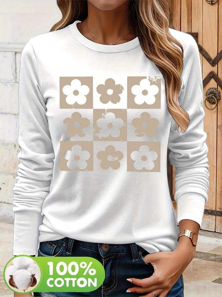Spring and Autumn Women's 100% Cotton Fashion Casual Loose Butterfly Pattern Print Round Neck Long Sleeve T-shirt Base Shirt