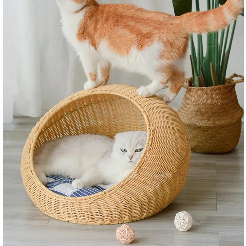 Large Semi-Enclosed Kitten Bed Handmade Rattan Woven Cat Litter Comfort Breathable Pet House Metal Frame Cat's Supplies