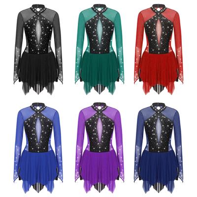 Glitzerndes Damen-Tanzkleid mit Strasssteinen, kontrastfarbenes Schlüsselloch-Rücken-Eiskunstlauf-Langarmkleid