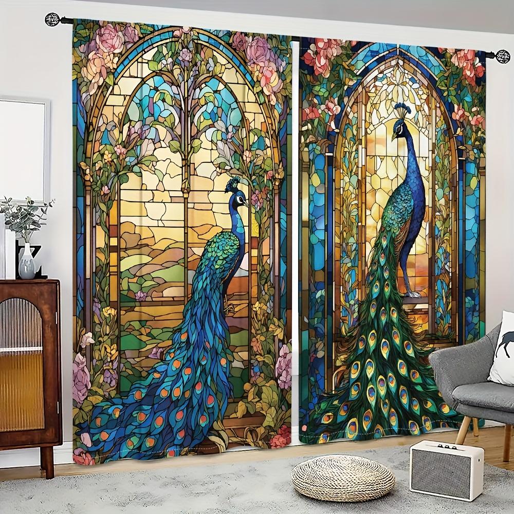 Peacock Floral Print Curtains Pocket Rod Top Fade Resistant Polyester Living Room Kitchen Bedroom Study Dining Made Of Decor